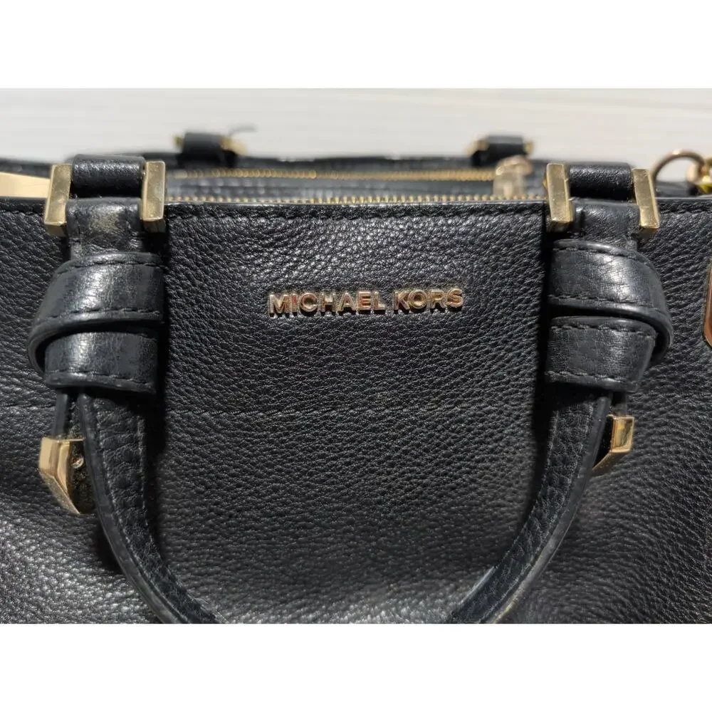 Michael Kors Greta Pebbled Leather Satchel in Black Purse Shoulder Bag